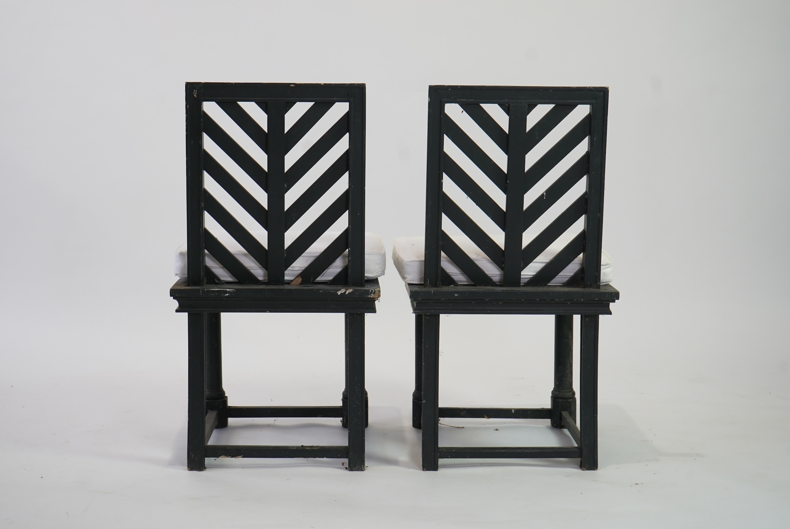 A set of fourteen green painted beech garden chairs, designed by Emilio Terry for the Theatre de Verdue, Chateau De Groussay